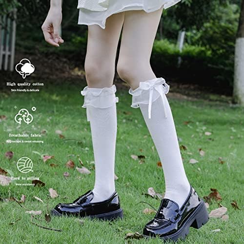 Sryl Women's Girl's Cotton Knee High Meocks com meias de acabamento de trafue de renda, meias de bezerro estilo