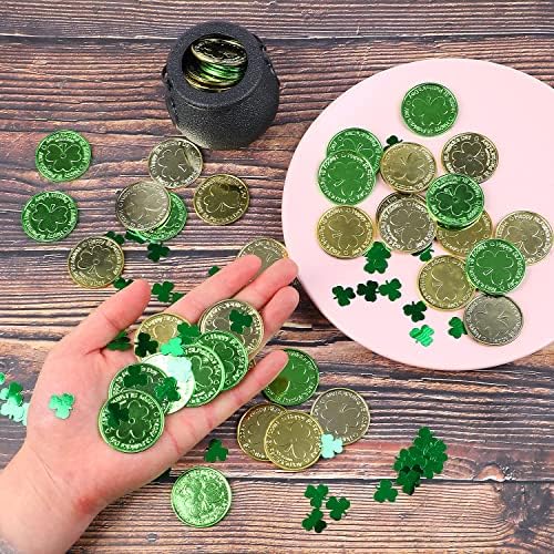 Decorações de mesa do dia de St. Patrick Lomimos, 120 PCs Plastic Bood Luck Coins e 1 oz de shamrock clover