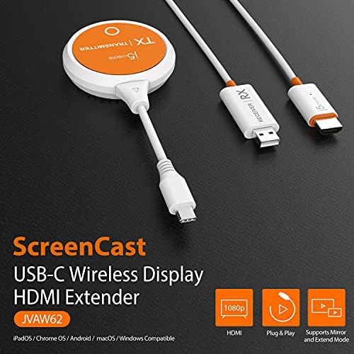 J5Create Screencast USB-C para HDMI Transmissor e receptor sem fio sem fio, suporta 1080p, compatível com