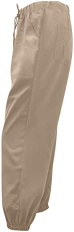 Miashui Cantura alta calça de moletom feminina de cor sólida fita de bolso de bolso de bolso