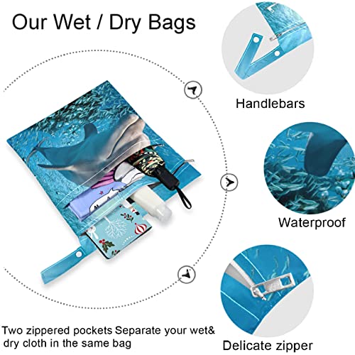 VISESUNNY DOLPHIN AZUL Mar de 2pcs Saco molhado com bolsos com zíper Bolsa de fraldas lagartas reutilizáveis