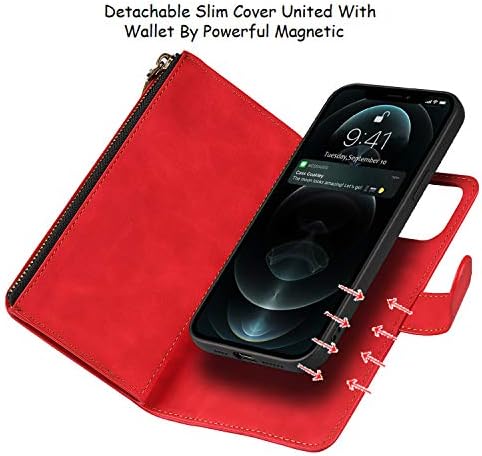 Caixa da carteira Jaorty Compatível com iPhone 12 Pro Max, [slots de 6 cartas] [pulseira] [Recurso do suporte] destacável 2 em 1 zíper magnético Caso de capa fino para iPhone 12 Pro Max, 6,7 polegadas vermelho