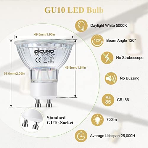 Lâmpadas LED de Dicuno GU10, substituição de halogênio de 6w 60w, luz do dia brilhante 5000k,