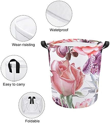 Aquarela rosa e orquídea lily oxford pano cesto de lavanderia com alças cestas de armazenamento para organizador