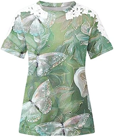 Blusas para mulheres renda de renda de manga curta renda no pescoço de pescoço de borboleta gráfica floral solta