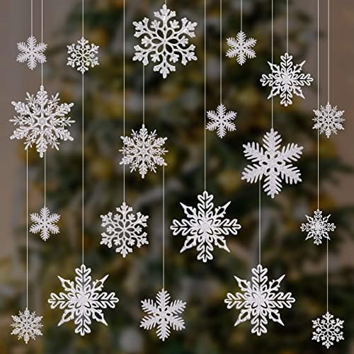 Ornamentos de floco de neve de Natal, 36 PCs Glitter Glitter Snowflakes pendurados Decoração de Natal, Plástico