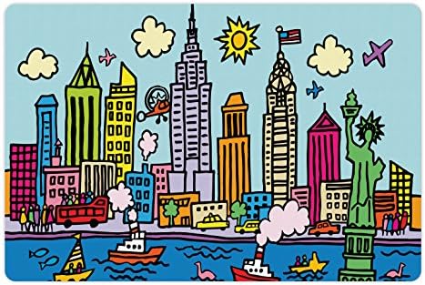 Lunarable Playroom Pet tapete para comida e água, cidade de Nova York em estilo de desenho animado