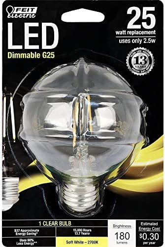 Feit Electric BPG2525/827/LED 180 lúmen 2700k Lâmpada LED diminuída, acabamento claro, vida útil média de 15000
