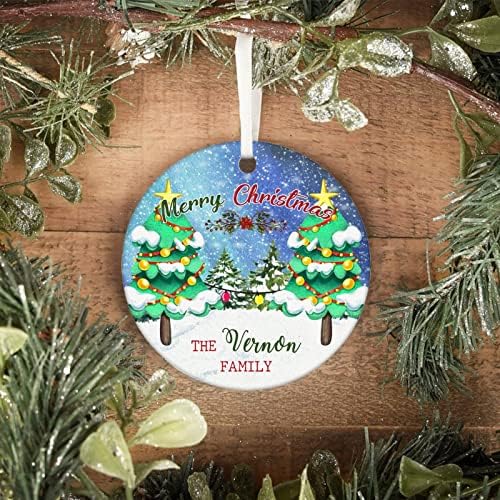 Feliz Natal Custom Family Name Ornament, Snowflake Ceramic Xmas Tree Ornamentos de 3 polegadas, ornamento de