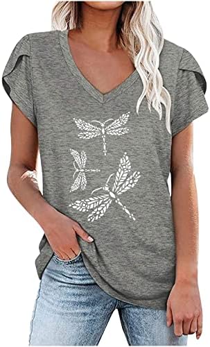Mulheres 2023 T Camisetas Petal Sleeve V Neck Casual Tees Summer Tops básicos Dragonfly Graphic