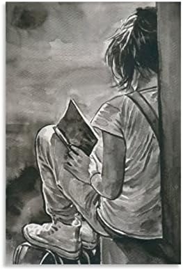 Posters Poster de arte preto e branco Garota abstrata no canto lendo um livro Poster Arte de parede