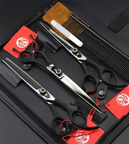 7 Black Handle Handd-end Scissors Heldressing Conjunto, 440 ° C Aço inoxidável de 3 peças Corte de tesoura