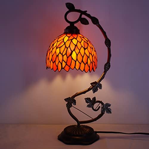 WerFactory Tiffany Lamp Wisteria Red Wisteria de manchado Lâmpada de mesa, base de folhas de metal 8x10x21