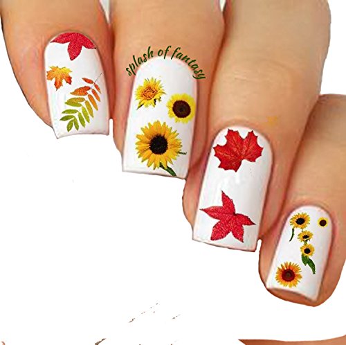 Autumn Leaves Nail Art Water Slide Tattoo Sticker ::: Folhas e Flores Crimsonis: Maple/Rowan/Hawthorn/Girassol-