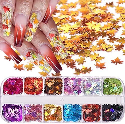 12 Cores Fall Leaf Glitter Unhas lantejoulas - 3D Maple Leaf Holographic Nail Art Flok