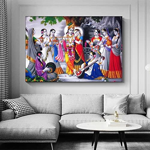 Bne Radha Krishna com Ashta Sakhi Gopis Canvas Art Poster e Wall Art Picture Print Modern Family Bedroom