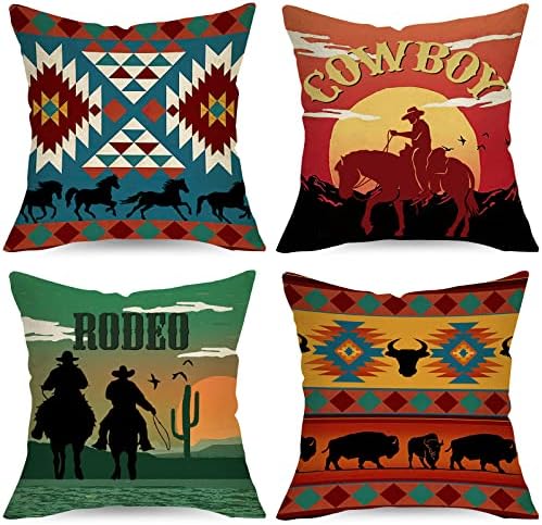 USSAP Western Cowboy Riding Horse Decorativo Tampas de travesseiro 18 x 18 Conjunto de 4, Rodeo Cow