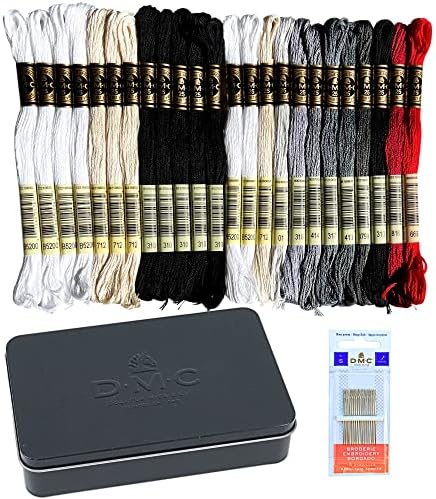 DMC Bordado Floss Mouline Collector Black Tin, Pacote de rosca de bordado DMC, pacote de 24 e laços com tamanho