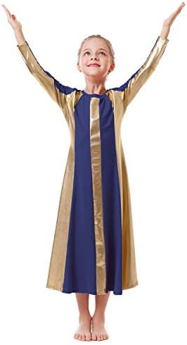 Vestido de dança de louvor de ouro metálico de Owlfay para meninas, crianças de manga longa bloco de cor