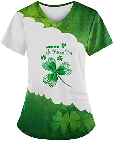 Camisa de impressão de trevo de St Patrick para mulheres v pescoço de manga curta casual blusa de trabalho solta