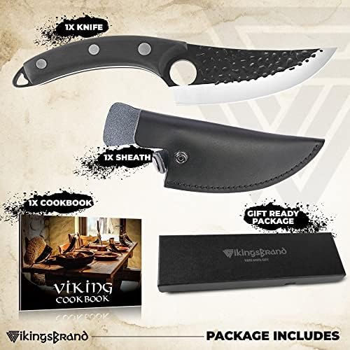 Faca VikingsViking, faca de açougueiro forjada faca com bainha de couro, faca de cutelo com livro de