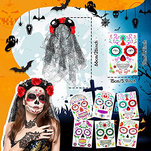 Willbond Day of the Dead Halloween Halloween Mexican Véil Spider Banding com tatuagem de face