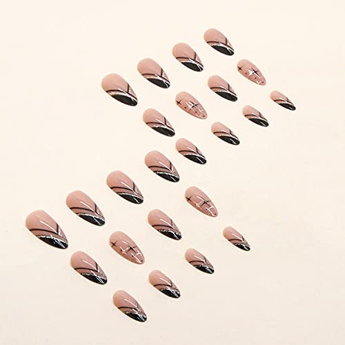 24pcs de ponta francesa média longa prenda nas unhas em forma de amêndoa rosa preto preto unhas falsas