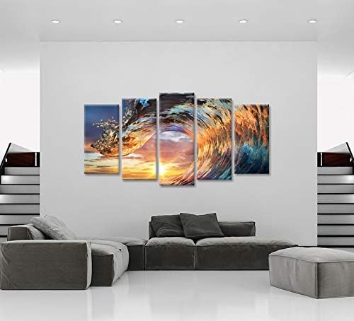 IHACKYWALL LARGENTE 5 peças ondas marinhas de lona artes de parede Sunset Sunset Ocean Wave Artwork Arte
