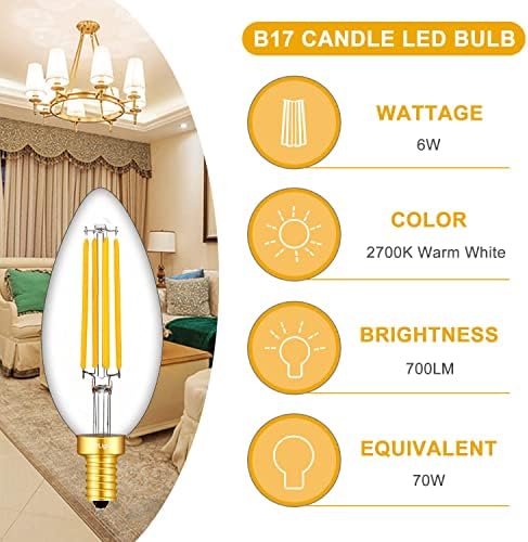 Crlight 6W LED Candelabra Bulb 70W equivalente a 700lm Dimmable, 2700k Branco branco e -12 Base de vela,