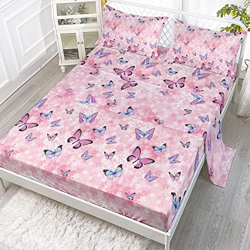 Datura Casa de cama em casa Ficha e lençol plano 4pcs colorido de cama de borboleta arco -íris