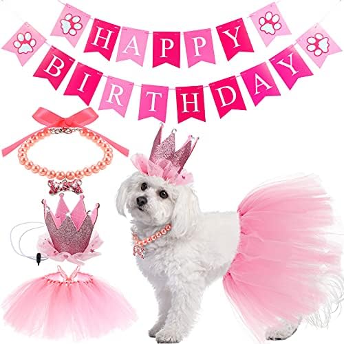 Pinkunn 4 peças Roupa de aniversário de cachorro fofo com petu tutu saia filhote de cachorro pérola chapéu de