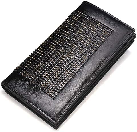 Carteira de couro rcnryladies, bolsa de perfuração de couro de cera longa, carteira casual, azul escuro, preto.