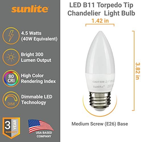 Sunlite 40336 LED B11 Torpedo Tip lustre lâmpada, 4,5 watts, 300 lúmens, base média, diminuição, estrela