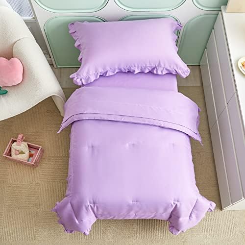 4 peças Cama de cama de criança roxa Conjunto com bordas de babados, colorido sólido conjunto de cama