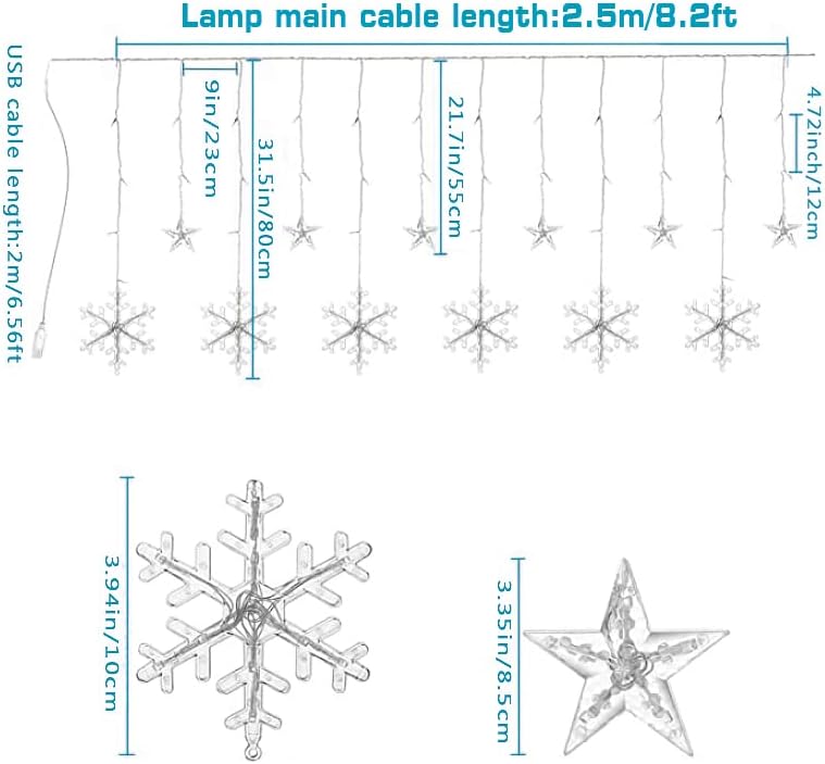 Azuresea Christmas Snowflake Star Lights for Bedroom, 8,2 pés 126 LED Power Power 8 Modos de iluminação