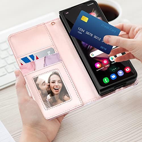 Fingic Galaxy Z dobra 3 estojo, Samsung Z dobra 3 carteira de mármore de ouro rosa com porta-camadas de