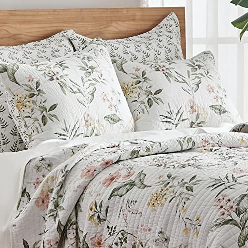 Levtex Home - Viviana Quilt Set - King Quilt + Two King Pillow Shams - Floral Botanical - Coral, Verde, Amarelo, Creme - Quilt e Pillow Shams - Reversível - Algodão