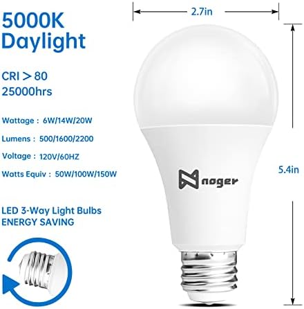 Lâmpadas LED de 3 vias Noger A21, 50 100 150W equivalente, 5000k Luz do dia, lâmpadas E26 de 3 vias