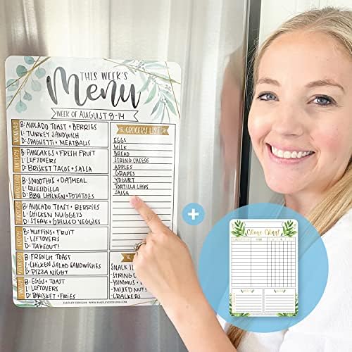 1 Geo Greenery Magnetic Weekly Meal Planner Apair seco para geladeira, 1 gráfico de tarefas familiares,