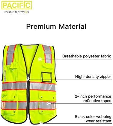 Pacific PPE 10 bolsos de alta visibilidade Goleta de segurança frontal com tiras reflexivas, atende