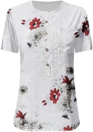 Camiseta de verão feminina Top-shirt linho causal henley camisetas florais túnicas estampadas fofas