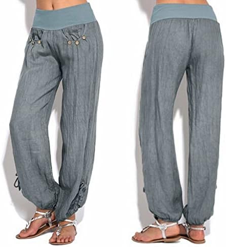 Calças de linho de algodão casual de verão para mulheres calças de perna reta larga de pernas altas calças