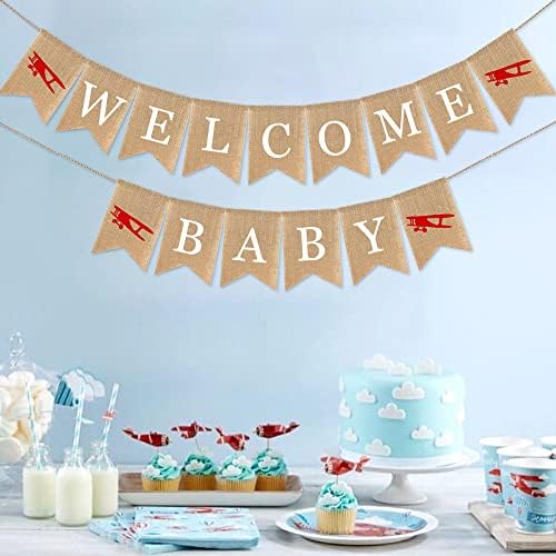 Decorações de chá de bebê de avião para meninos e meninas, bem -vindo a bandeira de abordagem de bebê, sinal