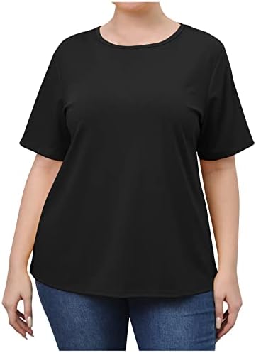 Camisas de tamanho grande para mulheres, camiseta feminina de colorida sólida de manga curta Crega do pescoço solto