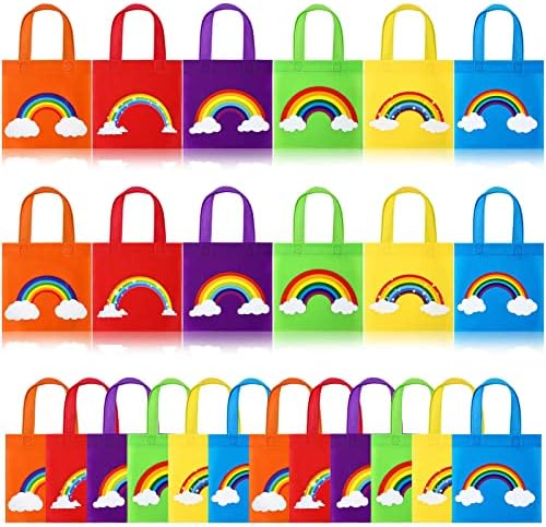 Kingdder 24 PCs Rainbow Party Favor Bags Sacos não tecidos Rainbow Gift Tote Bag With Handles Goodie Treat Bacs