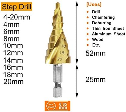OCGIG 3PCS Etapa espiral Cone Drill HSS Titanium Woodworking Metal Drilling Bit Cutter 4-12/20/32mm