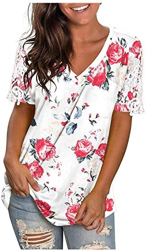 Womens v pescoço t camisetas estamadas florais de manga curta túnica causal túnica de renda de verão