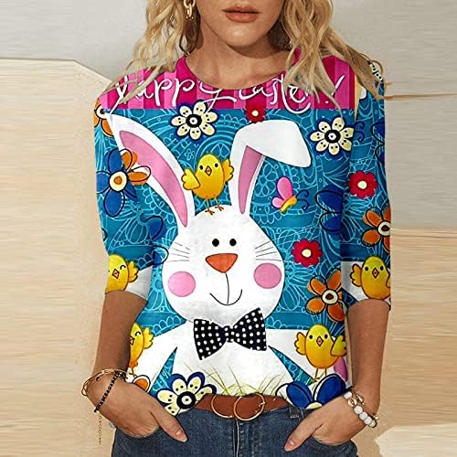 Camisetas de spandex de pescoço para mulheres para mulheres 3/4 manga Floral Relaxed Fit Fit Easter Animal Bunny