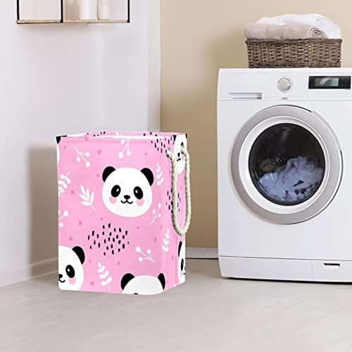 Flores de floresta e pontos de panda fofos cesto de roupa grande rosa com alça fácil de transporte,
