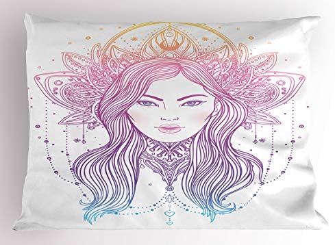 Ambesonne Colorful Pillow Sham, fusão tribal boho beleza asiática Divina Girl Ornate Crown e Lotus